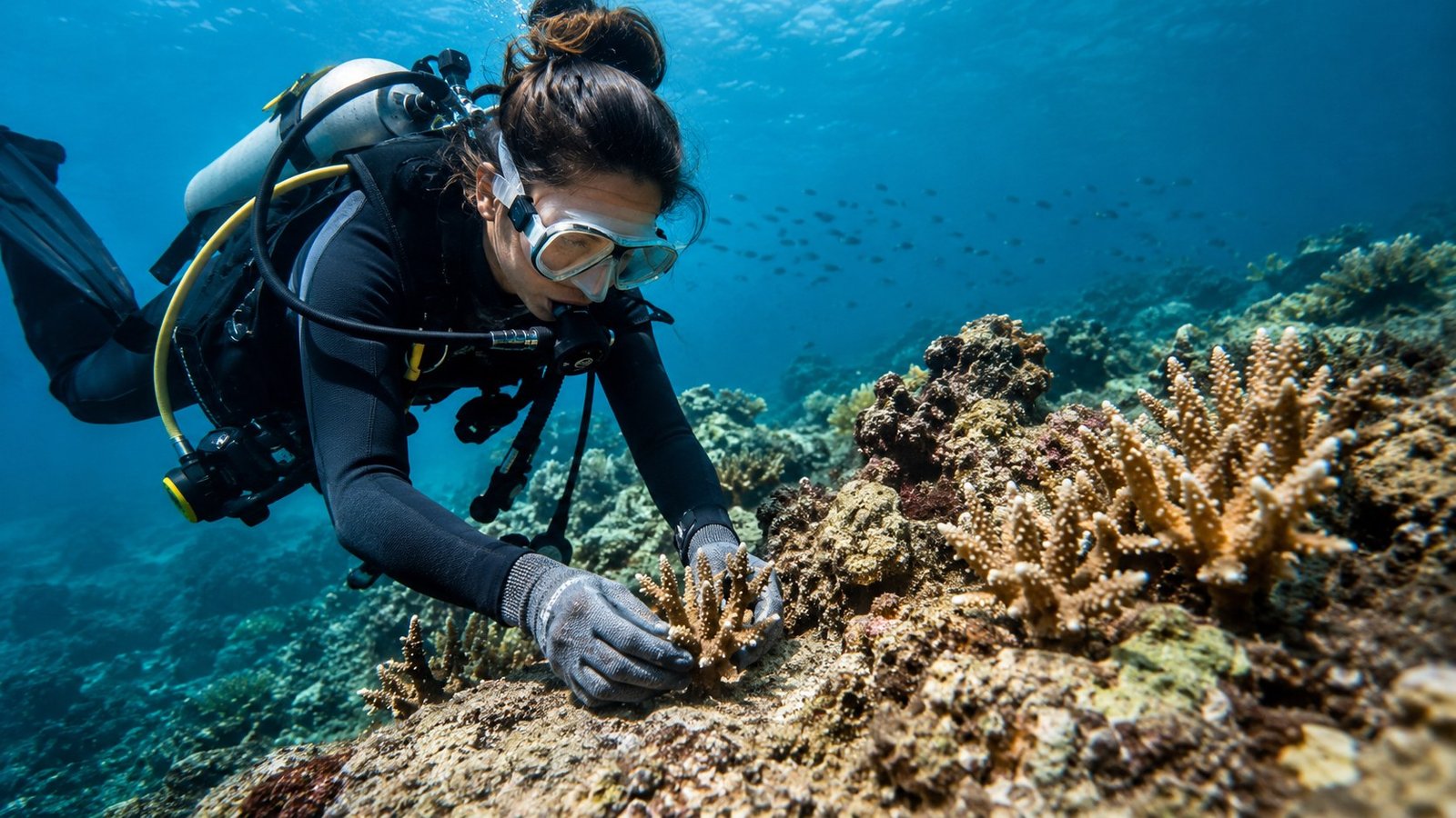 Diver restoring coral reef underwater